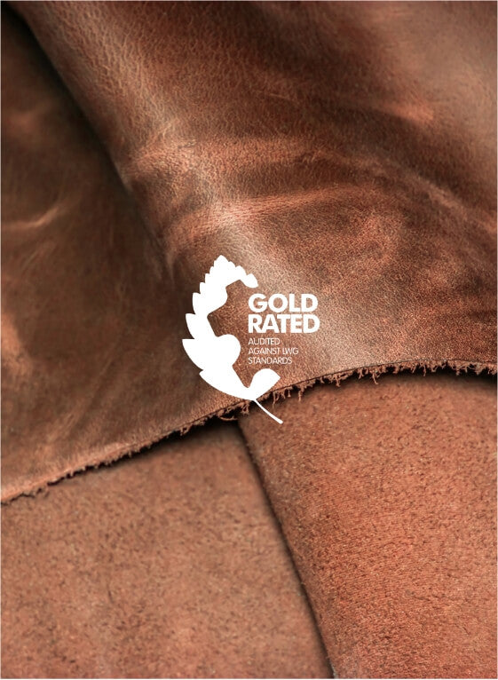 <b>GOLD CERTIFIED LEATHER FOR A SUSTAINABLE FUTURE.</b> - As we research and incorporate best green practices, we are working with suppliers who are on the forefront of responsible manufacturing. We insist that all of the leather we use in our products is sourced from gold-rated tanneries that use less water, less energy, and eliminate wastewater pollution.